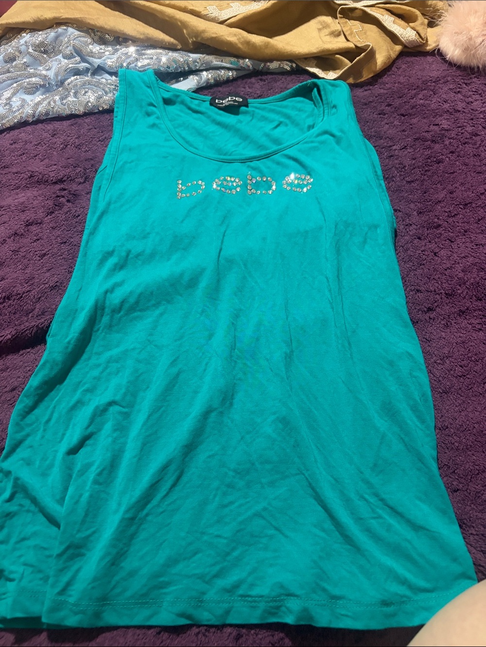 bebe Teal Tank Top with Rhinestone Logo